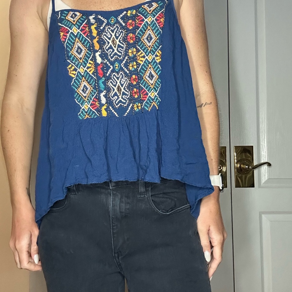 Ecote Blue Embellished Asymmetrical Tank Top